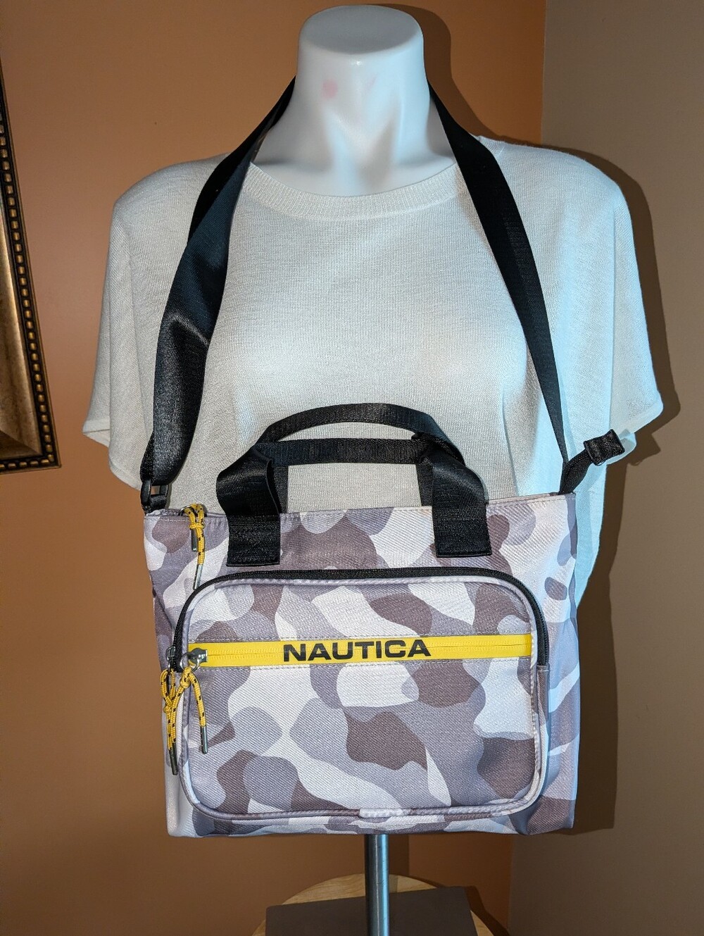 Nautica Women's Gray Camo Crossbody Tote with Yellow Accents